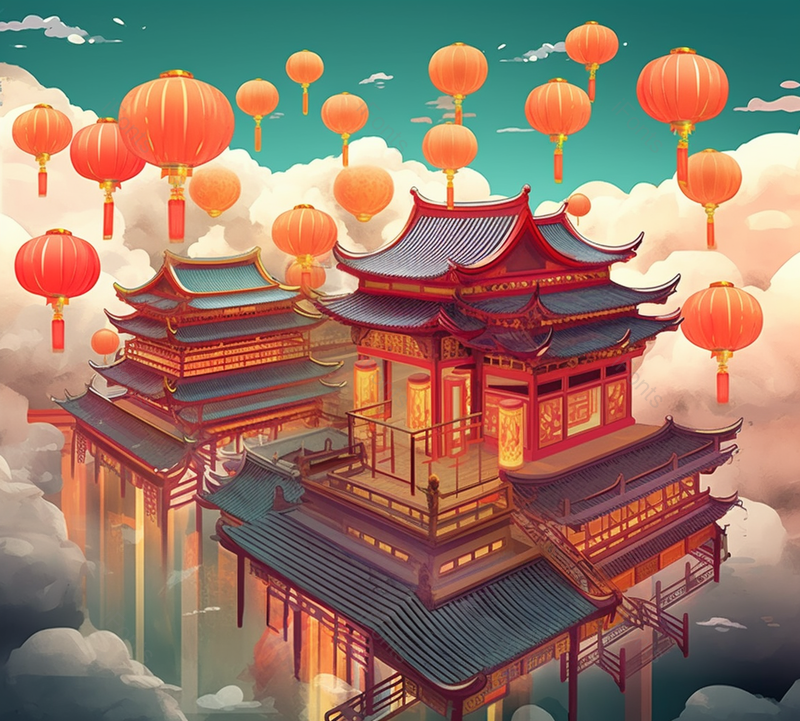 灯笼云中国风古代繁华建筑傍晚祥云壮观新中式插画,插画/手绘图,插画/手绘图库,插画/手绘图下载,插画/手绘
